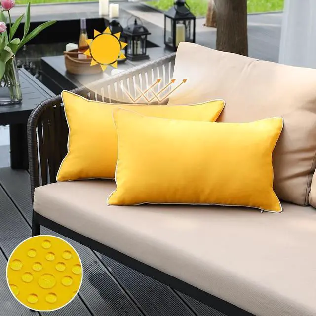 Main image of Mustard Yellow Waterproof Sun Fade Resistant Lumbar Pillow Covers 12x20 Set of 2, Bright Yellow Summer Outdoor Decorative Pillows 20 x 12 for Patio Furniture (with White Piping)