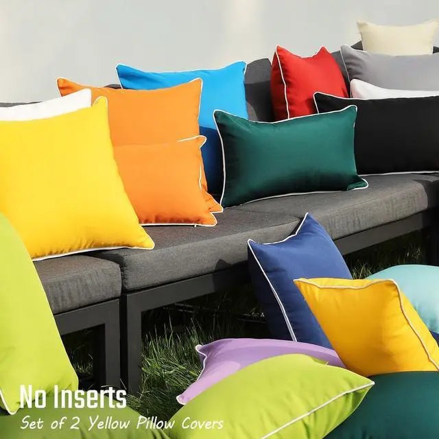 Alt view image 5 of 7 - Mustard Yellow Waterproof Sun Fade Resistant Lumbar Pillow Covers 12x20 Set of 2, Bright Yellow Summer Outdoor Decorative Pillows 20 x 12 for Patio Furniture (with White Piping)