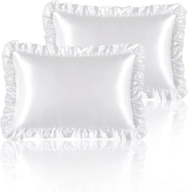 Main image of Ruffle Satin Pillowcases Set of 2, White Silk-Like Pillow Covers with Envelope Closure, Soft for Hair and Skin, Standard 20x26 Inches, Wrinkle-Resistant Bedroom Decor