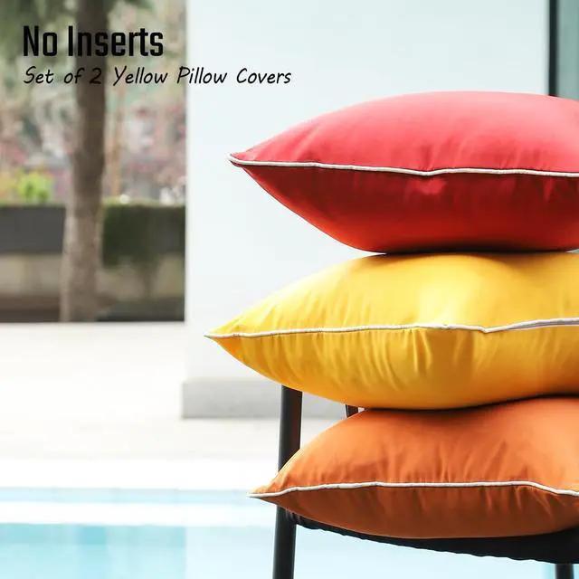 Alt view image 4 of 7 - Mustard Yellow Waterproof Sun Fade Resistant Lumbar Pillow Covers 12x20 Set of 2, Bright Yellow Summer Outdoor Decorative Pillows 20 x 12 for Patio Furniture (with White Piping)