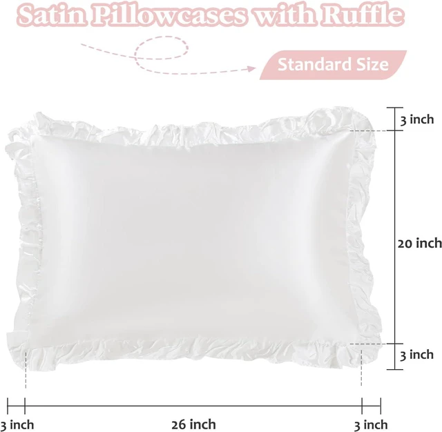Alt view image 2 of 5 - Ruffle Satin Pillowcases Set of 2, White Silk-Like Pillow Covers with Envelope Closure, Soft for Hair and Skin, Standard 20x26 Inches, Wrinkle-Resistant Bedroom Decor