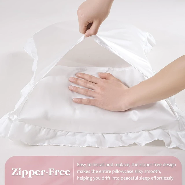 Alt view image 3 of 5 - Ruffle Satin Pillowcases Set of 2, White Silk-Like Pillow Covers with Envelope Closure, Soft for Hair and Skin, Standard 20x26 Inches, Wrinkle-Resistant Bedroom Decor