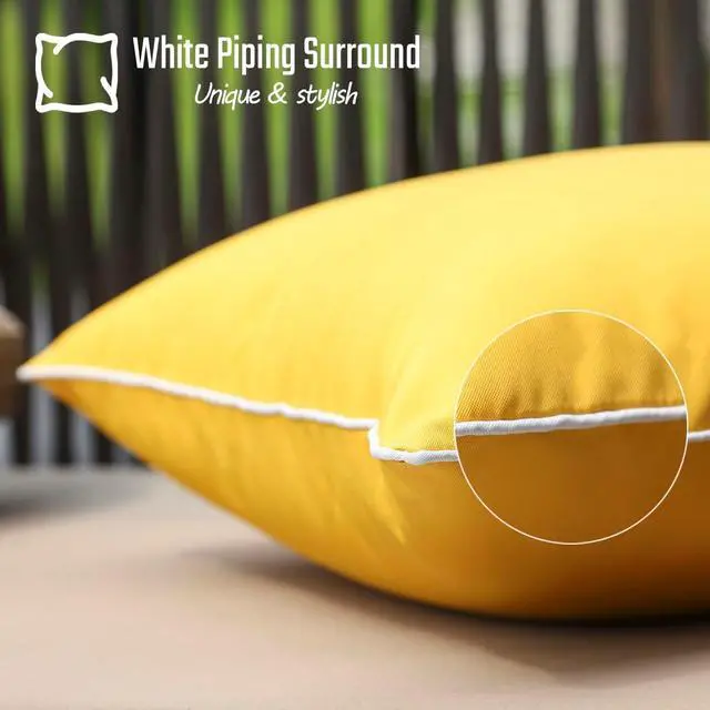 Alt view image 6 of 7 - Mustard Yellow Waterproof Sun Fade Resistant Lumbar Pillow Covers 12x20 Set of 2, Bright Yellow Summer Outdoor Decorative Pillows 20 x 12 for Patio Furniture (with White Piping)