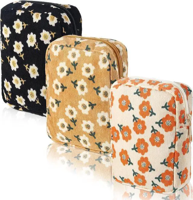 Main image of 3 Set Floral Makeup Bag for Purse Corduroy Canvas Pouch Small Cosmetic Bag for Women Mini Toiletry Zipper Travel Organizer Pencil Case Makeup Brushes for Graduation Teachers Gifts(Rectangular)