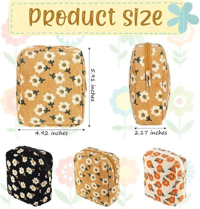 Alt view image 2 of 7 - 3 Set Floral Makeup Bag for Purse Corduroy Canvas Pouch Small Cosmetic Bag for Women Mini Toiletry Zipper Travel Organizer Pencil Case Makeup Brushes for Graduation Teachers Gifts(Rectangular)