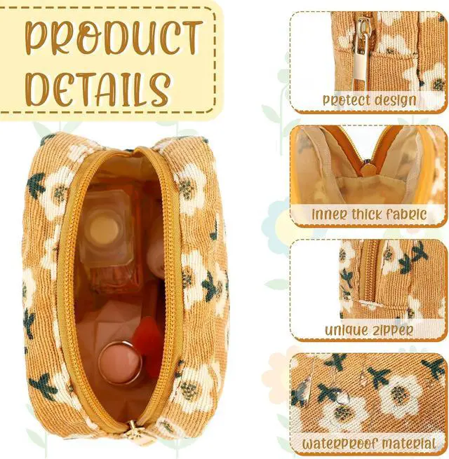 Alt view image 3 of 7 - 3 Set Floral Makeup Bag for Purse Corduroy Canvas Pouch Small Cosmetic Bag for Women Mini Toiletry Zipper Travel Organizer Pencil Case Makeup Brushes for Graduation Teachers Gifts(Rectangular)