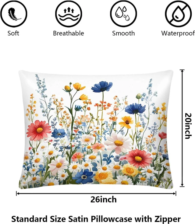 Alt view image 2 of 7 - Wild Colorful Daisy Satin Pillowcase for Hair and Skin, Silk Pillowcase Standard Size Silky Pillow Case with Zipper Slip Cooling Pillow Cover (20x26 Inches)