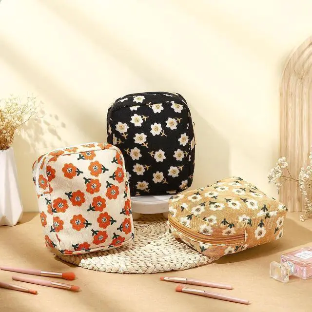 Alt view image 6 of 7 - 3 Set Floral Makeup Bag for Purse Corduroy Canvas Pouch Small Cosmetic Bag for Women Mini Toiletry Zipper Travel Organizer Pencil Case Makeup Brushes for Graduation Teachers Gifts(Rectangular)