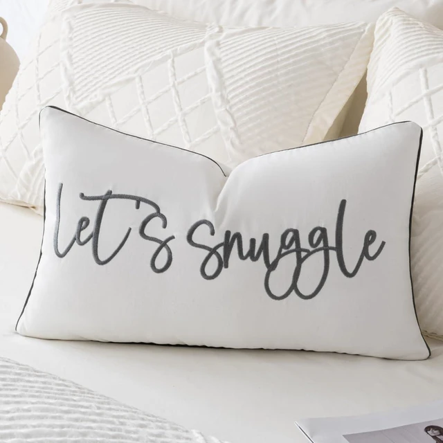 Main image of Let's Snuggle Decorative Lumbar Pillow Cover - 12x20 Inch White and Grey Cotton Embroidery Throw Pillowcase for Bed, Bedroom, Living Room, Home Decor