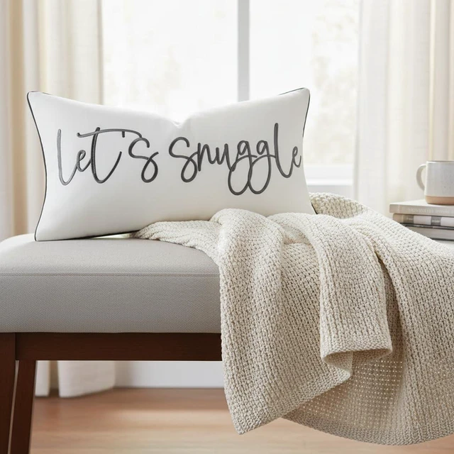 Alt view image 3 of 7 - Let's Snuggle Decorative Lumbar Pillow Cover - 12x20 Inch White and Grey Cotton Embroidery Throw Pillowcase for Bed, Bedroom, Living Room, Home Decor