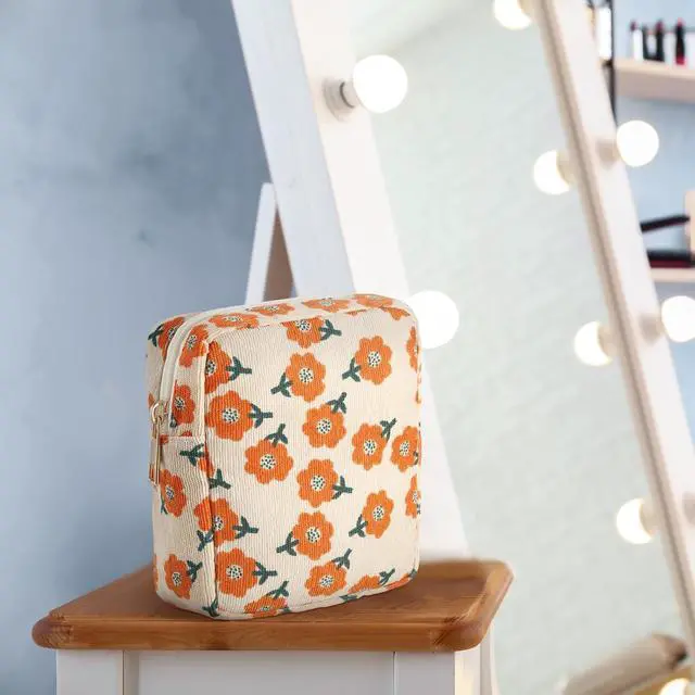 Alt view image 7 of 7 - 3 Set Floral Makeup Bag for Purse Corduroy Canvas Pouch Small Cosmetic Bag for Women Mini Toiletry Zipper Travel Organizer Pencil Case Makeup Brushes for Graduation Teachers Gifts(Rectangular)