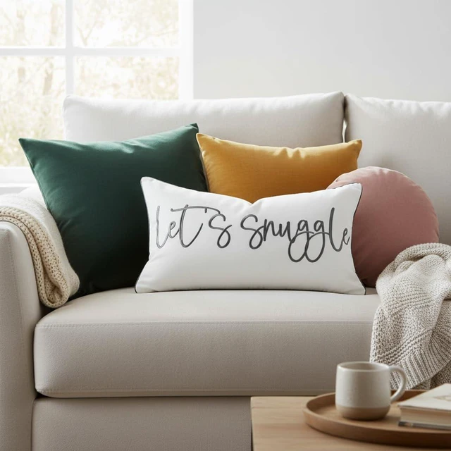Alt view image 4 of 7 - Let's Snuggle Decorative Lumbar Pillow Cover - 12x20 Inch White and Grey Cotton Embroidery Throw Pillowcase for Bed, Bedroom, Living Room, Home Decor