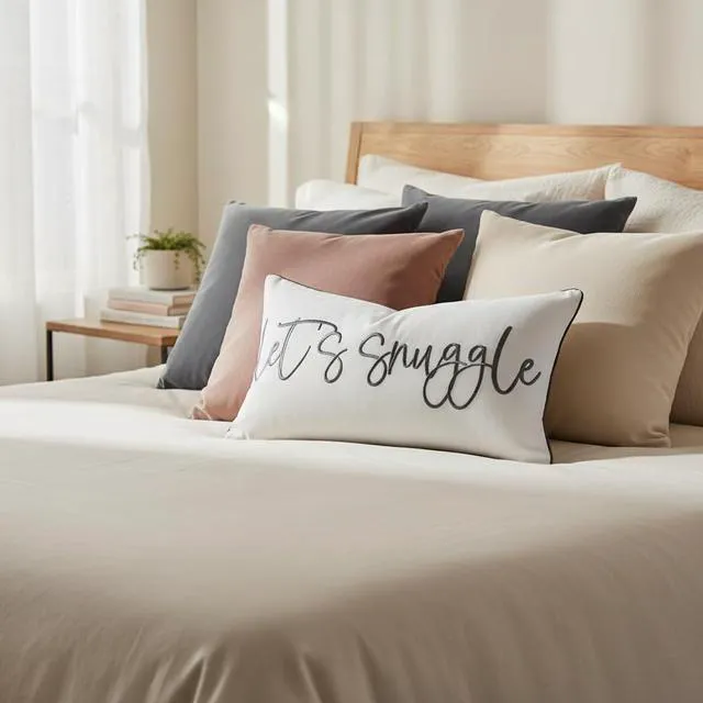 Alt view image 5 of 7 - Let's Snuggle Decorative Lumbar Pillow Cover - 12x20 Inch White and Grey Cotton Embroidery Throw Pillowcase for Bed, Bedroom, Living Room, Home Decor