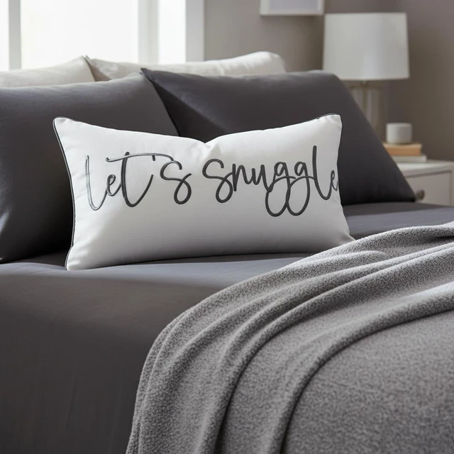 Alt view image 6 of 7 - Let's Snuggle Decorative Lumbar Pillow Cover - 12x20 Inch White and Grey Cotton Embroidery Throw Pillowcase for Bed, Bedroom, Living Room, Home Decor