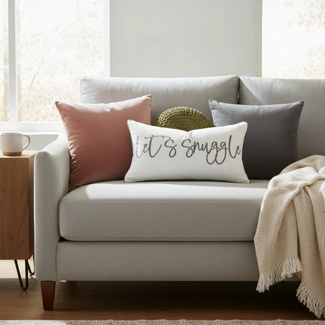 Alt view image 7 of 7 - Let's Snuggle Decorative Lumbar Pillow Cover - 12x20 Inch White and Grey Cotton Embroidery Throw Pillowcase for Bed, Bedroom, Living Room, Home Decor