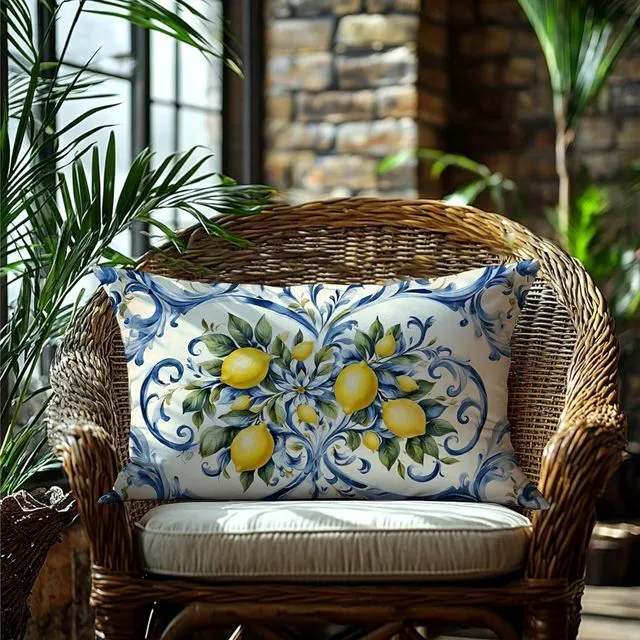 Alt view image 4 of 6 - Summer Lemon Coastal Pillow Cover 12x20 Double-Sided,Italian Lemon Fruit Home Decor,Blue and Yellow Amalfi Coast Party Decorative Lumber Throw Pillow Cover for Home Bedroom Living Room