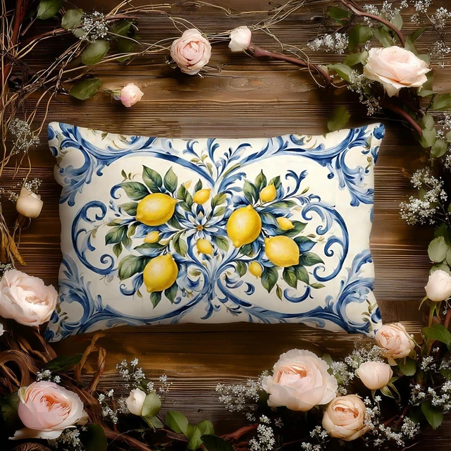 Alt view image 5 of 6 - Summer Lemon Coastal Pillow Cover 12x20 Double-Sided,Italian Lemon Fruit Home Decor,Blue and Yellow Amalfi Coast Party Decorative Lumber Throw Pillow Cover for Home Bedroom Living Room