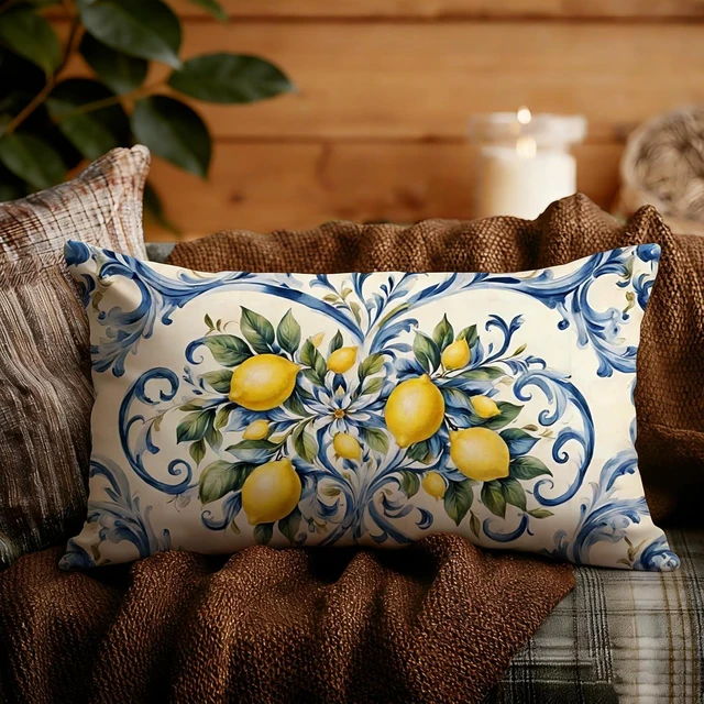Alt view image 3 of 6 - Summer Lemon Coastal Pillow Cover 12x20 Double-Sided,Italian Lemon Fruit Home Decor,Blue and Yellow Amalfi Coast Party Decorative Lumber Throw Pillow Cover for Home Bedroom Living Room