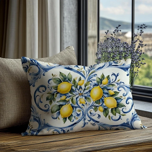 Alt view image 6 of 6 - Summer Lemon Coastal Pillow Cover 12x20 Double-Sided,Italian Lemon Fruit Home Decor,Blue and Yellow Amalfi Coast Party Decorative Lumber Throw Pillow Cover for Home Bedroom Living Room