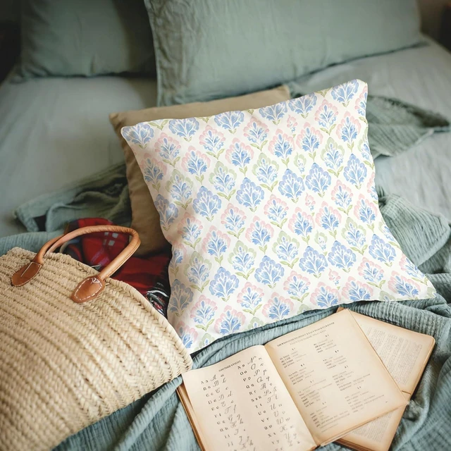 Alt view image 6 of 6 - Pink and Blue Green Grandmillennial Floral Pillow Covers 18x18, Pink and Blue Green Cottage Core Grand Millenial Pillow Cover Decor for Living Room Girls Bedroom Dorm Home