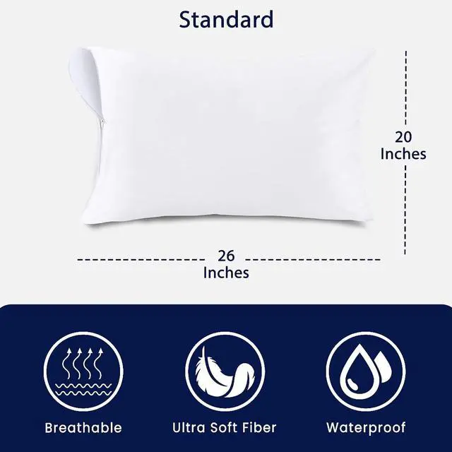 Alt view image 7 of 7 - Waterproof Standard Size Pillow Protectors Set of 2 Soft Microfiber Zippered Pillow Case Protector, Noiseless Breathable TPU Backed Pillow Encasement Standard 2 Pack
