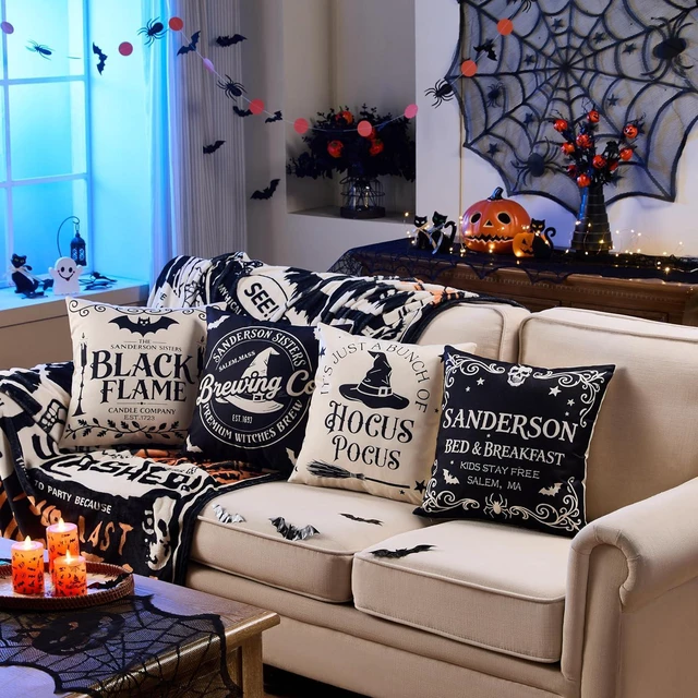 Alt view image 5 of 7 - Halloween Decorations Pillow Covers 18x18 Inch,Set of 4 Vintage Halloween Decor Indoor Outdoor Throw Pillow Covers, Hocus Pocus Farmhouse Saying Linen Cushion Case for Home Sofa Couch Bedroom Chair