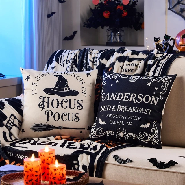 Alt view image 2 of 7 - Halloween Decorations Pillow Covers 18x18 Inch,Set of 4 Vintage Halloween Decor Indoor Outdoor Throw Pillow Covers, Hocus Pocus Farmhouse Saying Linen Cushion Case for Home Sofa Couch Bedroom Chair