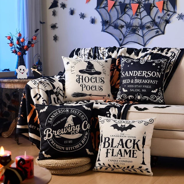 Alt view image 7 of 7 - Halloween Decorations Pillow Covers 18x18 Inch,Set of 4 Vintage Halloween Decor Indoor Outdoor Throw Pillow Covers, Hocus Pocus Farmhouse Saying Linen Cushion Case for Home Sofa Couch Bedroom Chair
