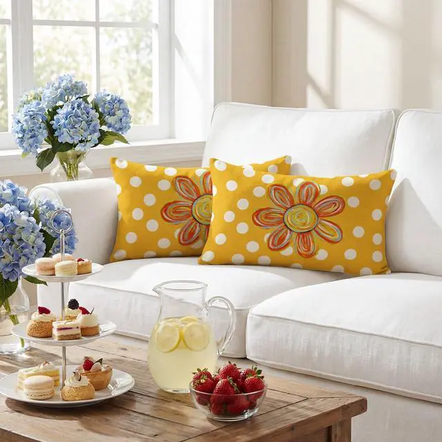 Alt view image 2 of 7 - Summer Floral Throw Pillow Covers, 12 x 20 Inch Holiday Polka Dots Cushion Case Decoration for Sofa Couch Seasonal Home Decor Set of 2