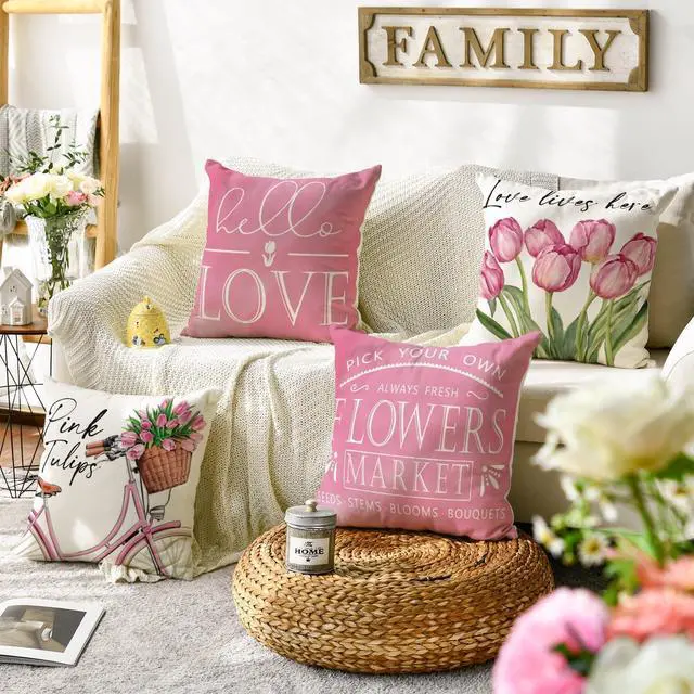 Alt view image 2 of 7 - Hello Love Pink Tulips Bicycle Throw Pillow Covers, 18 x 18 Inch Flowers Spring Mother's Day Cushion Case for Sofa Couch Set of 4