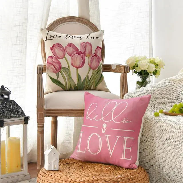 Alt view image 3 of 7 - Hello Love Pink Tulips Bicycle Throw Pillow Covers, 18 x 18 Inch Flowers Spring Mother's Day Cushion Case for Sofa Couch Set of 4
