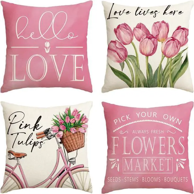 Main image of Hello Love Pink Tulips Bicycle Throw Pillow Covers, 18 x 18 Inch Flowers Spring Mother's Day Cushion Case for Sofa Couch Set of 4