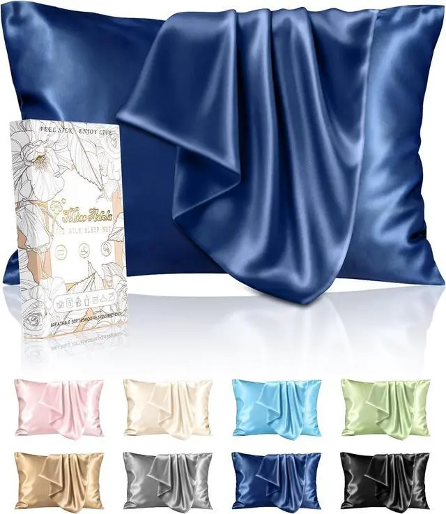 Main image of Silk Pillowcase 2 Pack - Pillow Cases Standard Set of 2 Size 20" x 26" for Hair and Skin Smooth Soft Breathable with Hidden Zipper Cooling Pillow Covers for Women, Navy Blue