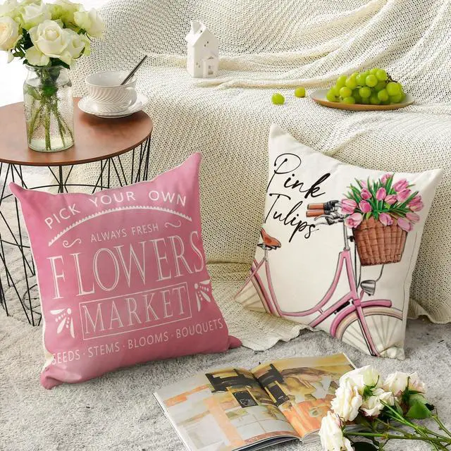 Alt view image 4 of 7 - Hello Love Pink Tulips Bicycle Throw Pillow Covers, 18 x 18 Inch Flowers Spring Mother's Day Cushion Case for Sofa Couch Set of 4