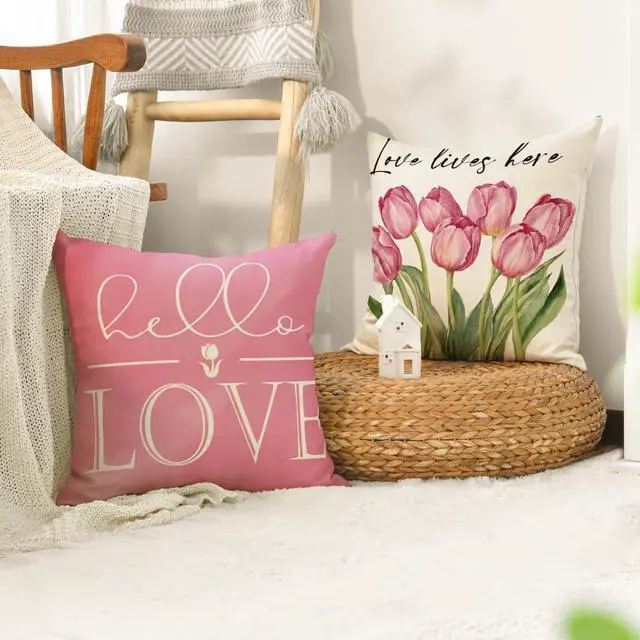 Alt view image 5 of 7 - Hello Love Pink Tulips Bicycle Throw Pillow Covers, 18 x 18 Inch Flowers Spring Mother's Day Cushion Case for Sofa Couch Set of 4
