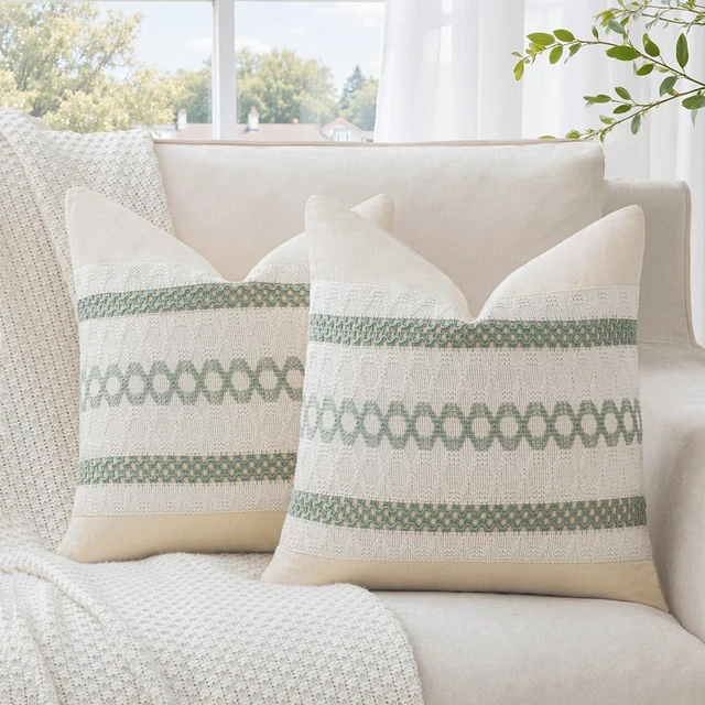 Main image of Sage Green Decorative Throw Pillow Covers 18x18 Inch Set of 2, Farmhouse Textured Accent Cushion Case for Couch Living Room, Rustic Modern Neutral Home Decor