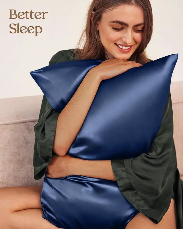 Alt view image 2 of 7 - Silk Pillowcase 2 Pack - Pillow Cases Standard Set of 2 Size 20" x 26" for Hair and Skin Smooth Soft Breathable with Hidden Zipper Cooling Pillow Covers for Women, Navy Blue