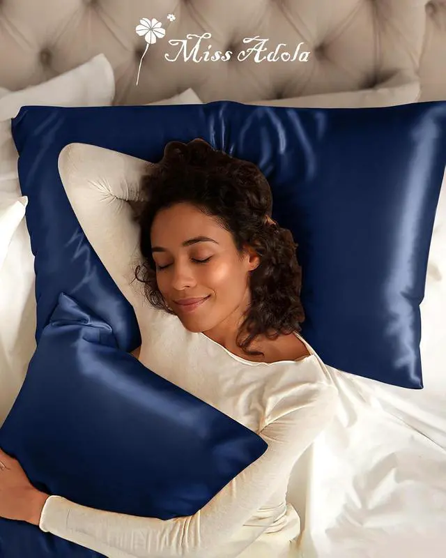 Alt view image 6 of 7 - Silk Pillowcase 2 Pack - Pillow Cases Standard Set of 2 Size 20" x 26" for Hair and Skin Smooth Soft Breathable with Hidden Zipper Cooling Pillow Covers for Women, Navy Blue