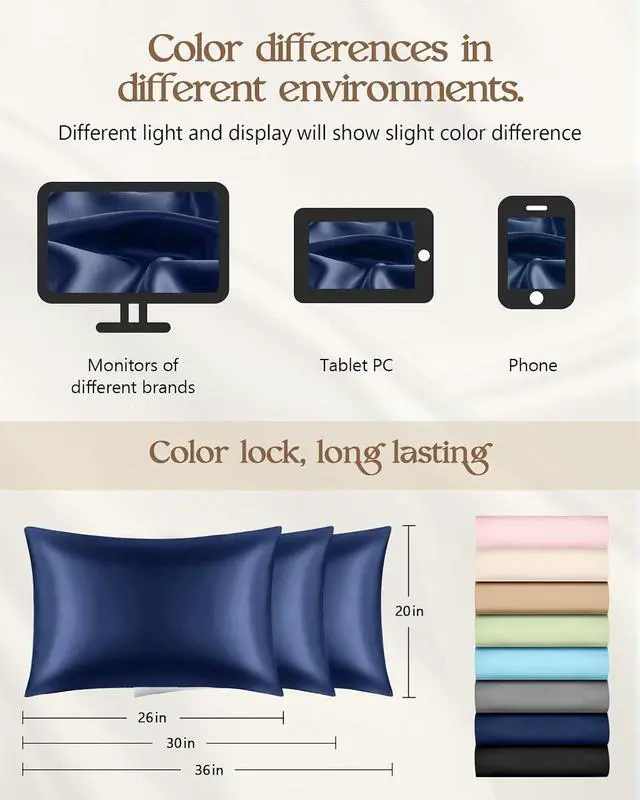 Alt view image 7 of 7 - Silk Pillowcase 2 Pack - Pillow Cases Standard Set of 2 Size 20" x 26" for Hair and Skin Smooth Soft Breathable with Hidden Zipper Cooling Pillow Covers for Women, Navy Blue