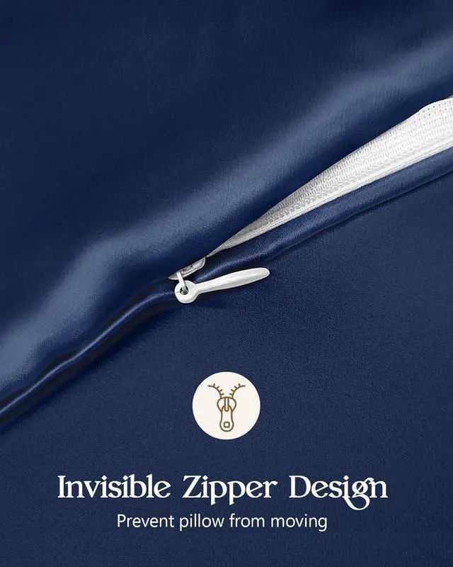 Alt view image 5 of 7 - Silk Pillowcase 2 Pack - Pillow Cases Standard Set of 2 Size 20" x 26" for Hair and Skin Smooth Soft Breathable with Hidden Zipper Cooling Pillow Covers for Women, Navy Blue