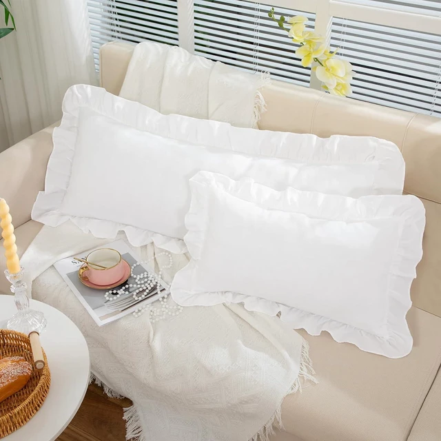 Alt view image 2 of 6 - White Ruffle Body Pillow Cover 20x54 Inch, Ruffled Long Pillowcase for Couch Sofa Bed, Decorative Farmhouse Body Pillow Shams, Pack of 1
