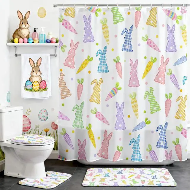 Main image of Easter Shower Curtain Set Cute Carrots Bunny Shower Curtain Set with Non-Slip Washable Bath Rugs, Toilet Lid Cover Funny Colorful Carrots Rabbits Easter Bathroom Decor Accessory Set