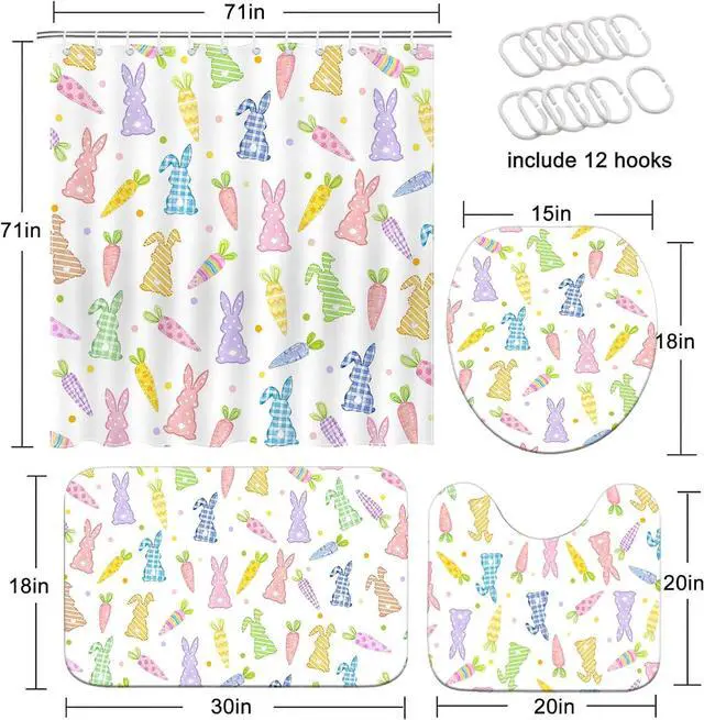 Alt view image 2 of 7 - Easter Shower Curtain Set Cute Carrots Bunny Shower Curtain Set with Non-Slip Washable Bath Rugs, Toilet Lid Cover Funny Colorful Carrots Rabbits Easter Bathroom Decor Accessory Set