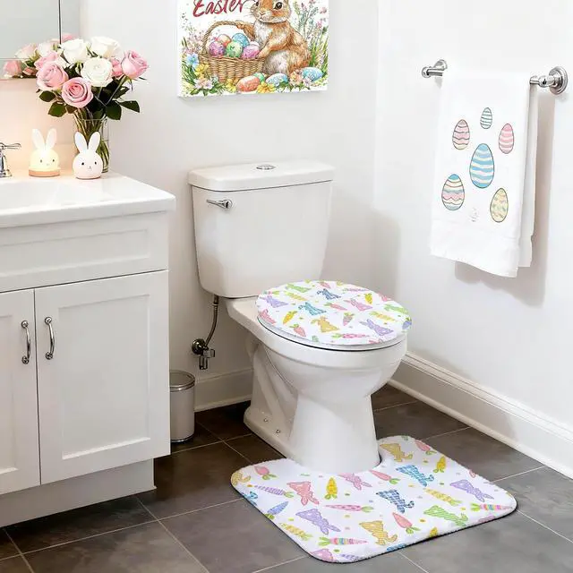 Alt view image 3 of 7 - Easter Shower Curtain Set Cute Carrots Bunny Shower Curtain Set with Non-Slip Washable Bath Rugs, Toilet Lid Cover Funny Colorful Carrots Rabbits Easter Bathroom Decor Accessory Set