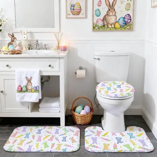 Alt view image 4 of 7 - Easter Shower Curtain Set Cute Carrots Bunny Shower Curtain Set with Non-Slip Washable Bath Rugs, Toilet Lid Cover Funny Colorful Carrots Rabbits Easter Bathroom Decor Accessory Set