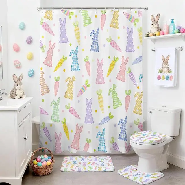 Alt view image 6 of 7 - Easter Shower Curtain Set Cute Carrots Bunny Shower Curtain Set with Non-Slip Washable Bath Rugs, Toilet Lid Cover Funny Colorful Carrots Rabbits Easter Bathroom Decor Accessory Set