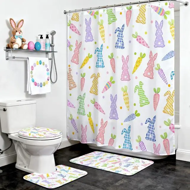 Alt view image 7 of 7 - Easter Shower Curtain Set Cute Carrots Bunny Shower Curtain Set with Non-Slip Washable Bath Rugs, Toilet Lid Cover Funny Colorful Carrots Rabbits Easter Bathroom Decor Accessory Set