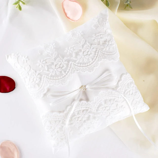 Alt view image 2 of 7 - Wedding Ring Pillow, Lace Pearl Ivory Ring Bearer Cushion for Wedding Party