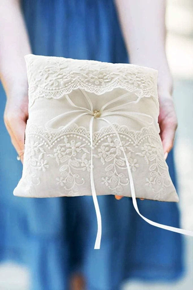 Alt view image 6 of 7 - Wedding Ring Pillow, Lace Pearl Ivory Ring Bearer Cushion for Wedding Party