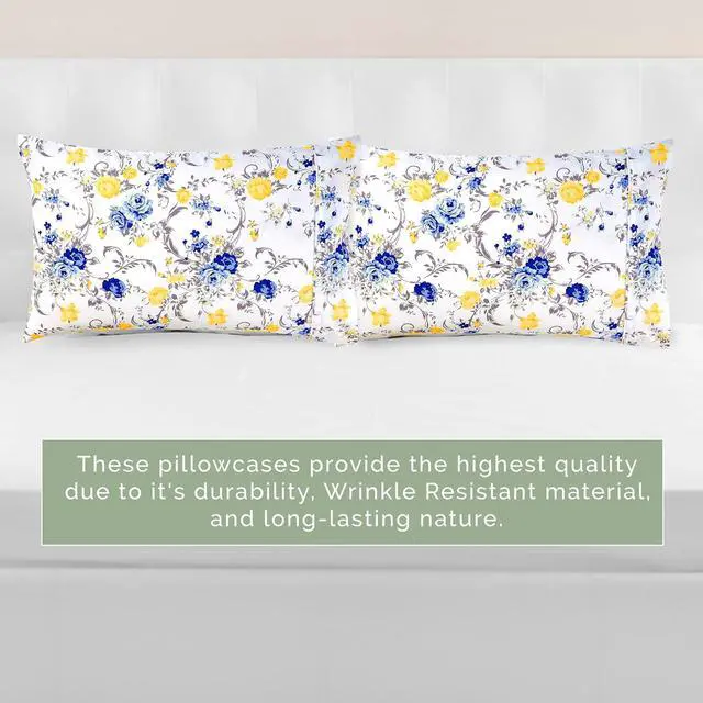 Alt view image 6 of 7 - Ultra Soft Set of 2 Floral Print Pillowcases - 1500 Premium Hotel Quality Microfiber, Soft and Smooth Envelope Closure 2-Piece Pillow Covers - Standard/Queen, Gold Jenna